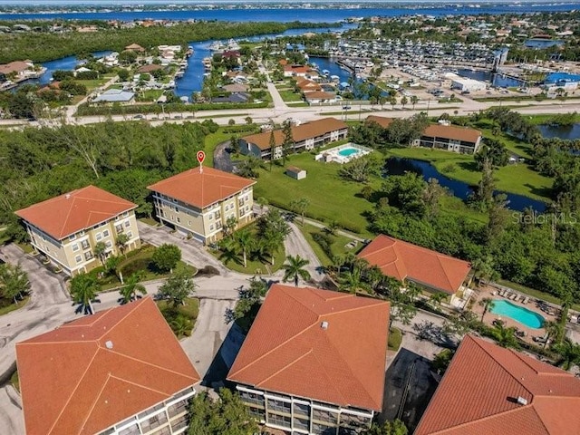 drone / aerial view featuring a water view