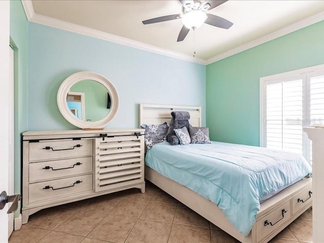 bedroom featuring crown molding, ceiling fan, and light tile patterned floors