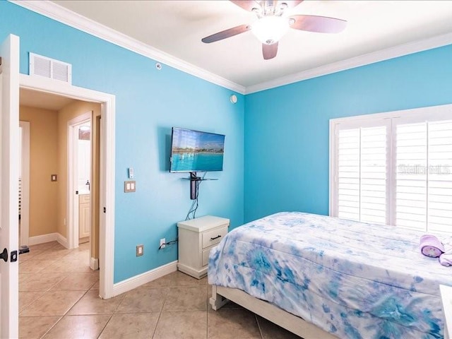 bedroom featuring crown molding, light tile patterned flooring, and ceiling fan