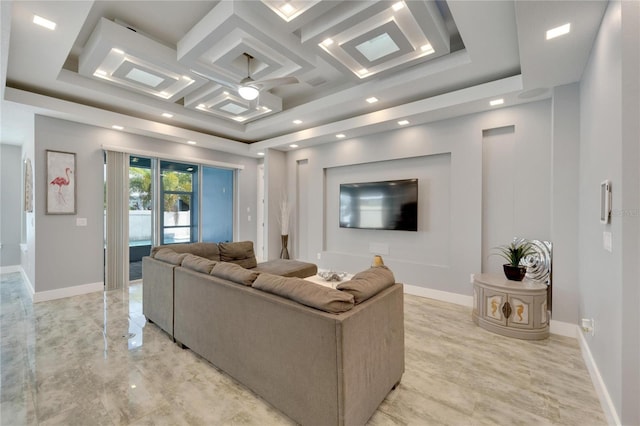 living room with baseboards, coffered ceiling, a raised ceiling, ceiling fan, and recessed lighting