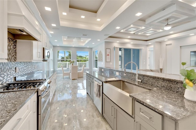 kitchen with stone counters, a sink, appliances with stainless steel finishes, a tray ceiling, and custom range hood