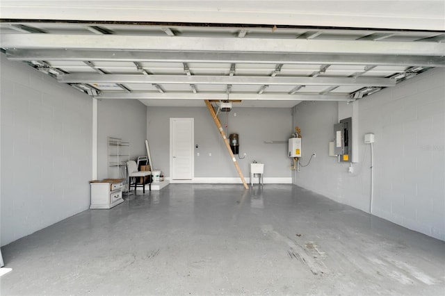 garage featuring electric panel, concrete block wall, water heater, and a garage door opener