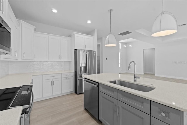 kitchen featuring light stone counters, stainless steel appliances, white cabinetry, pendant lighting, and a sink