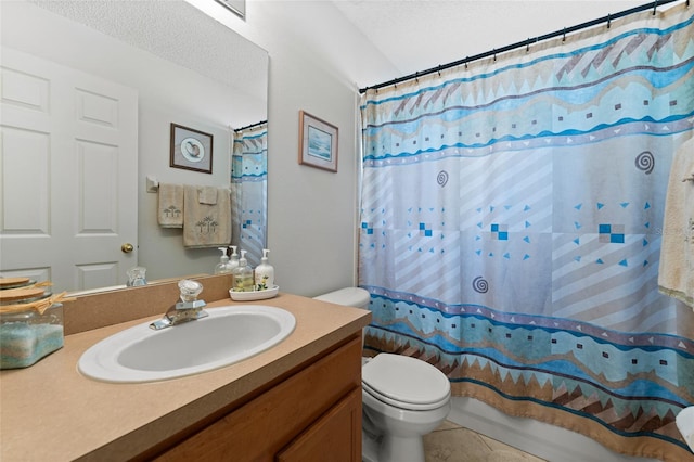 full bathroom with tile patterned floors, vanity, shower / bath combination with curtain, and toilet