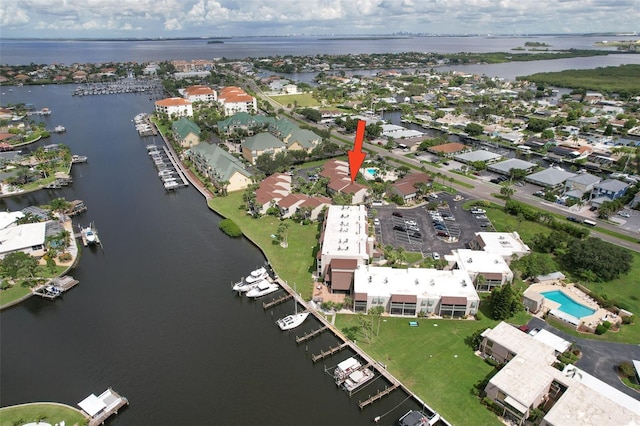 aerial view featuring a water view