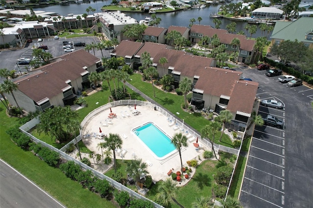 drone / aerial view featuring a water view