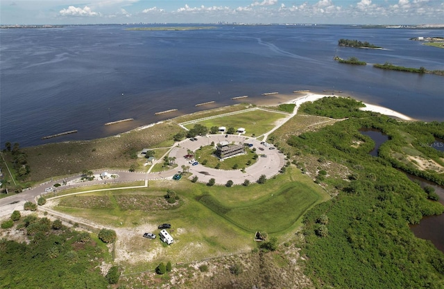 bird's eye view with a water view