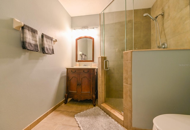 bathroom featuring toilet, vanity, tile patterned floors, and an enclosed shower