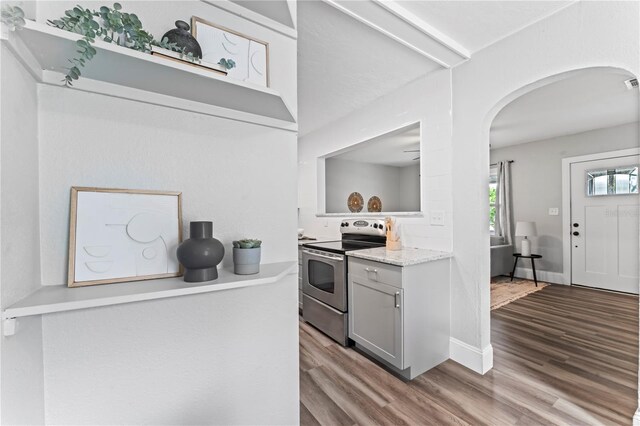 kitchen with hardwood / wood-style flooring, stainless steel electric range oven, and gray cabinetry