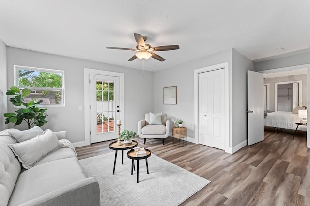 living room featuring ceiling fan and dark wood-type flooring