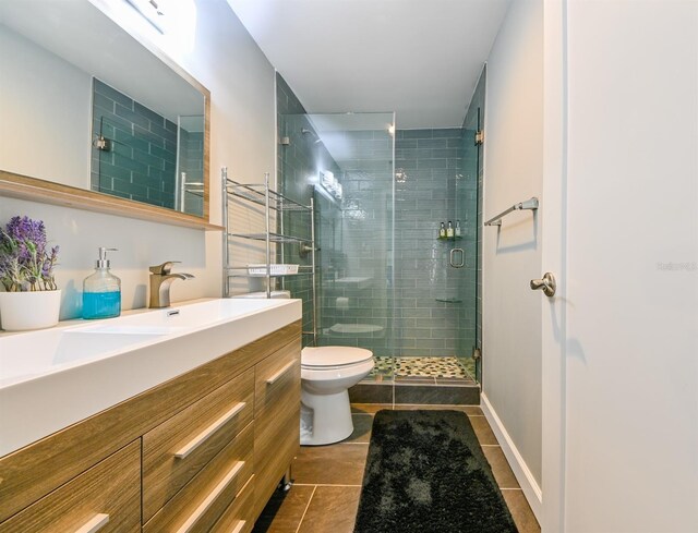 bathroom featuring tile patterned floors, walk in shower, toilet, and vanity