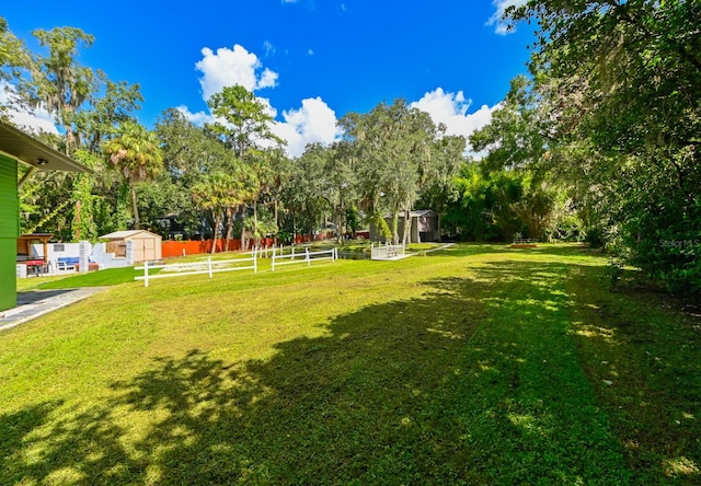 view of yard featuring a storage unit