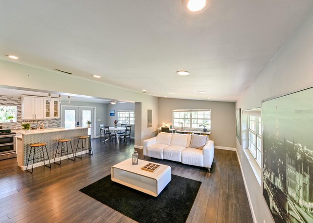 living room with vaulted ceiling and dark hardwood / wood-style floors