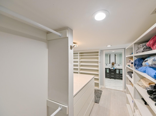 walk in closet with light wood-type flooring