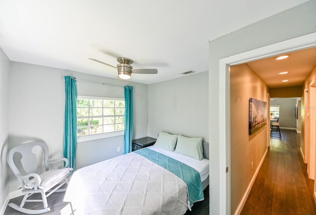 4617 John Moore Rd, Brandon, FL 33511 - bedroom with dark wood-style floors, baseboards, multiple windows, recessed lighting, and ceiling fan