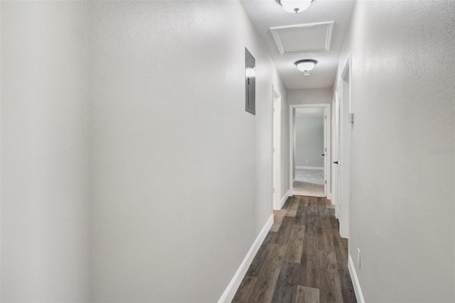 hall featuring attic access, electric panel, baseboards, and dark wood finished floors