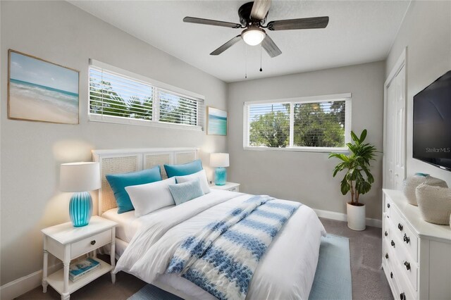 bedroom featuring a closet, ceiling fan, and carpet