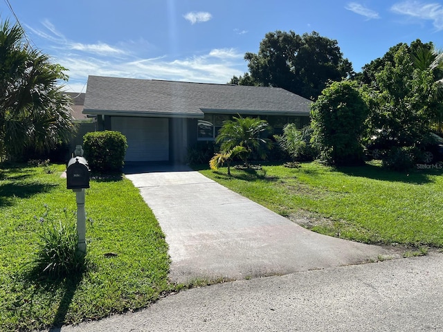 view of front of property with a front yard, roof with shingles, driveway, and an attached garage