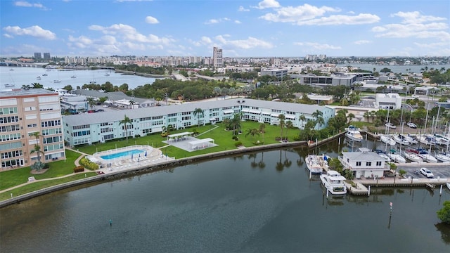 aerial view featuring a water view