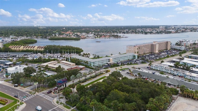 birds eye view of property featuring a water view