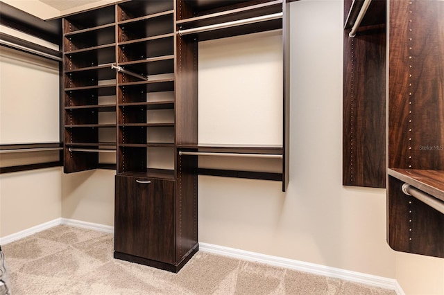 walk in closet with light colored carpet