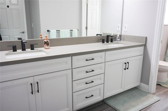 bathroom with wood finished floors, toilet, and a sink