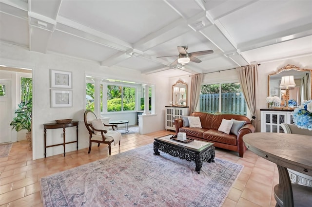 sunroom featuring ceiling fan, coffered ceiling, and beamed ceiling