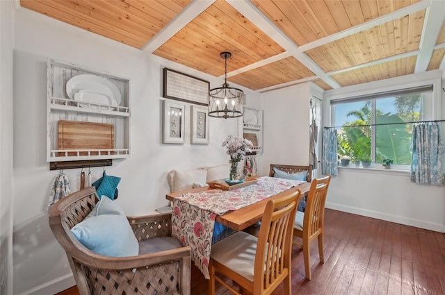 dining space featuring wood ceiling, baseboards, hardwood / wood-style floors, and beamed ceiling