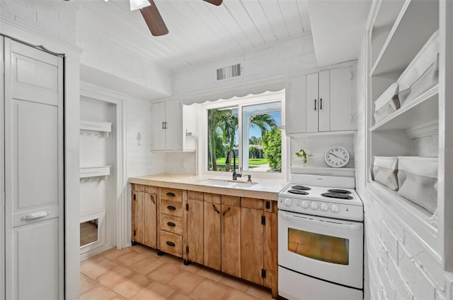 kitchen featuring visible vents, a ceiling fan, electric stove, light countertops, and a sink