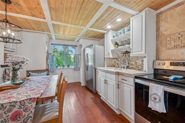 kitchen featuring stainless steel appliances, tasteful backsplash, wooden ceiling, and light countertops