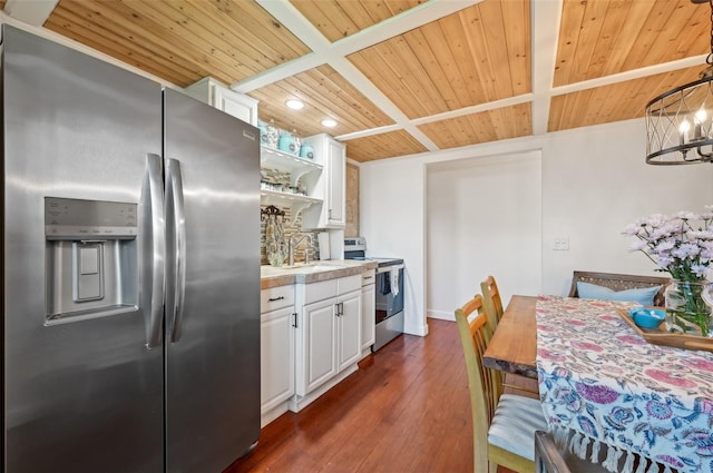 kitchen featuring dark wood-style floors, stainless steel appliances, light countertops, wood ceiling, and white cabinets