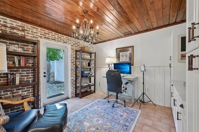 office featuring wainscoting, wood ceiling, brick wall, an inviting chandelier, and light tile patterned flooring