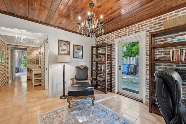 home office with a chandelier, brick wall, plenty of natural light, and wood ceiling