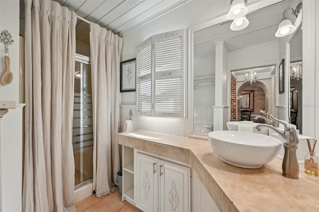 bathroom featuring wooden ceiling, vanity, and tile patterned floors