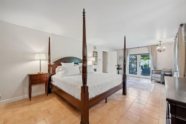 bedroom with light tile patterned flooring, visible vents, baseboards, access to exterior, and an inviting chandelier