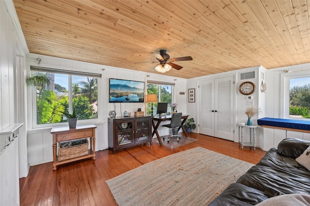 office space with wood ceiling, visible vents, ceiling fan, and hardwood / wood-style flooring