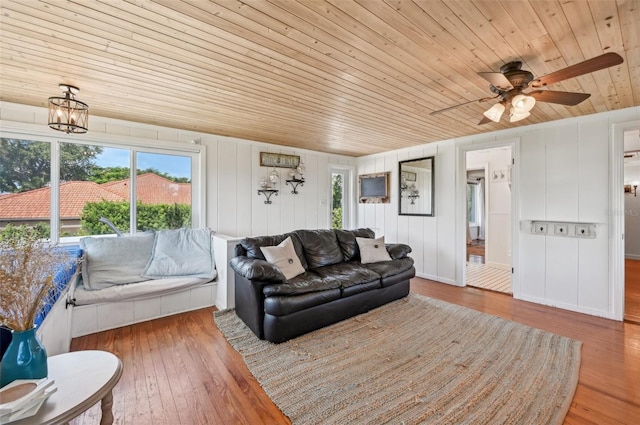 living room with hardwood / wood-style floors and wood ceiling