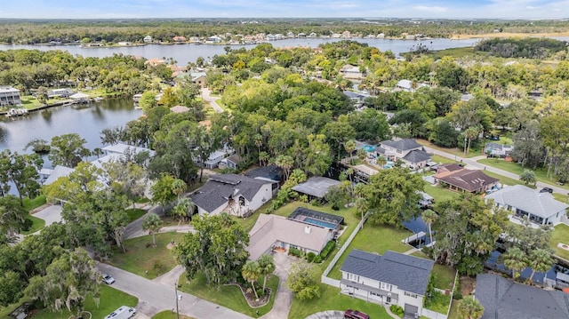 birds eye view of property featuring a water view