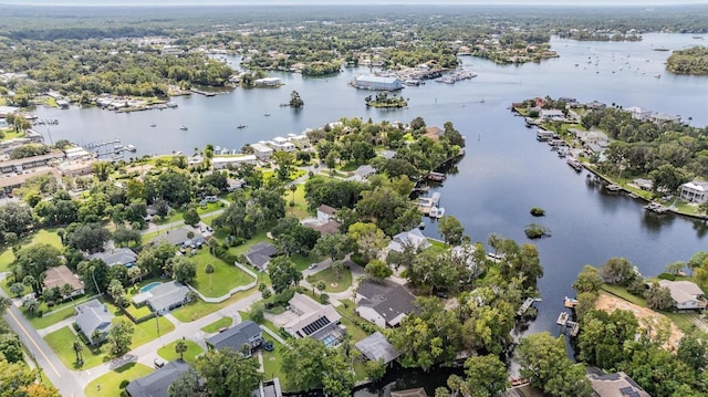 bird's eye view with a water view