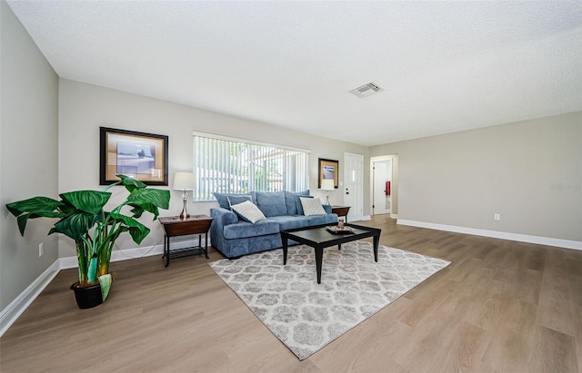 living room with light hardwood / wood-style flooring and a textured ceiling