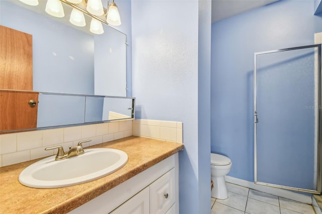 bathroom featuring vanity, an enclosed shower, tasteful backsplash, tile patterned flooring, and toilet