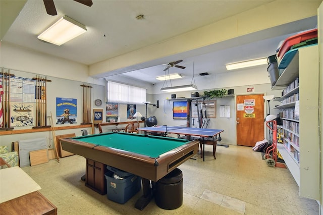 rec room with ceiling fan, light tile patterned floors, and billiards