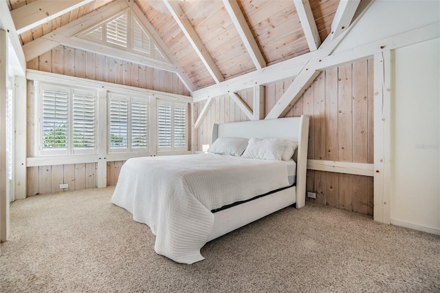 bedroom featuring wood walls, wood ceiling, lofted ceiling with beams, and carpet floors