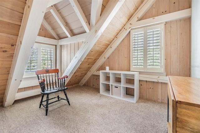 bonus room featuring vaulted ceiling with beams, light carpet, and wooden ceiling