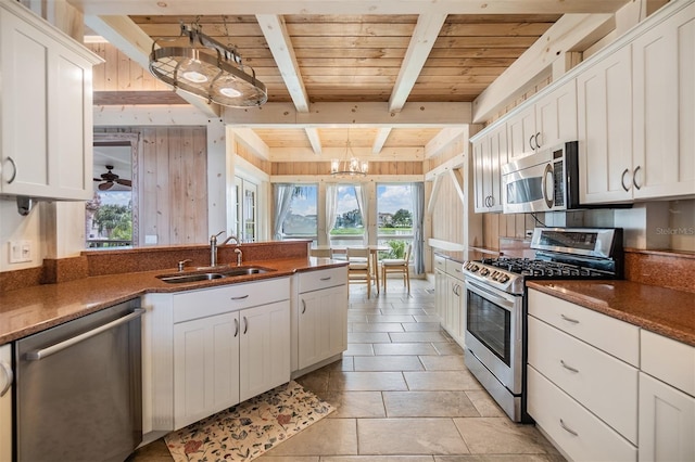 kitchen with beamed ceiling, white cabinetry, sink, appliances with stainless steel finishes, and pendant lighting