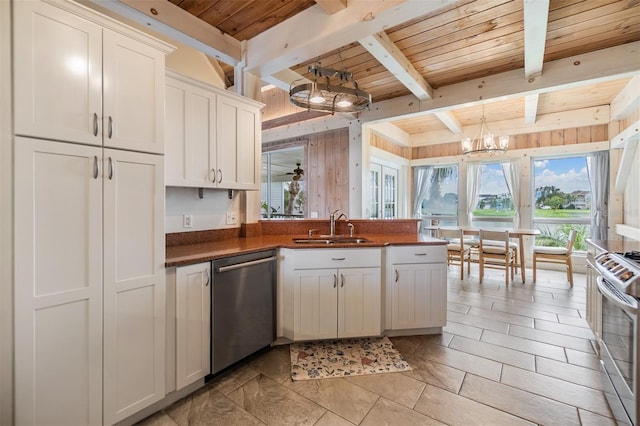 2118 Harbour Watch Dr, Tarpon Springs, FL 34689 - kitchen featuring stainless steel appliances, a sink, wooden ceiling with exposed beams, dark countertops, and wood walls