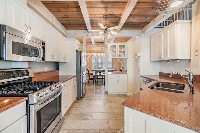 kitchen with appliances with stainless steel finishes, wood ceiling, sink, white cabinets, and beamed ceiling