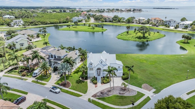 drone / aerial view featuring a water view