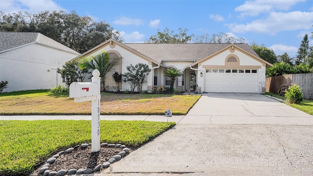 ranch-style home with a front lawn and a garage