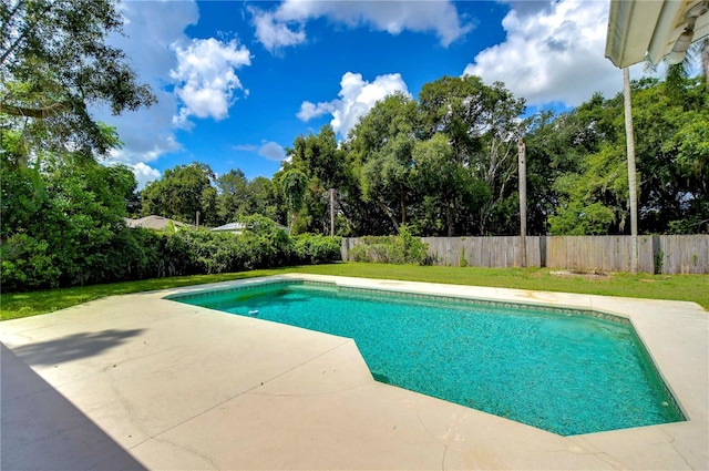 view of swimming pool featuring a lawn and a patio area